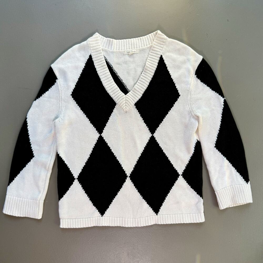 Classic Black & White Argyle V-Neck Sweater